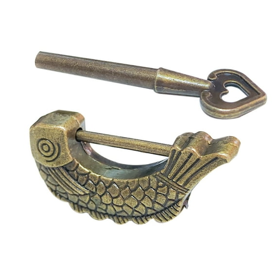 Zorvai Retro Fish Pattern Padlock Bronze Metal Lock Square for Drawers & Jewelry Boxes