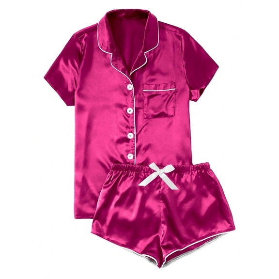 Zorvir Satin Pajamas for Women Button down Short Sleeve Top Shorts Sets 2 Piece Pjs Outfits Comfy Cute Summer Sleepwear Loungewear(X-Large,Red)