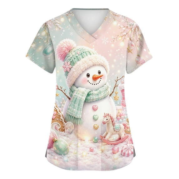 Zorvxlyn Christmas Scrub Tops Women Plus Size Stretchy Nurse Uniforms with Pocket Xmas S-5XL Plus Size Snowflake Print Scrub Tops for Women
