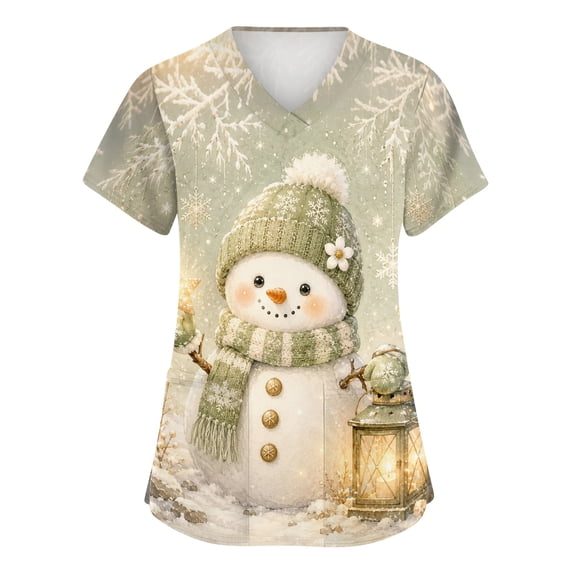 Zorvxlyn Christmas Scrub Tops Women Plus Size Stretchy Snowflake Snowman Women's Nurse Uniform V Neck Short Sleeve Xmas Womens Scrubs Top Workwear with Pocket
