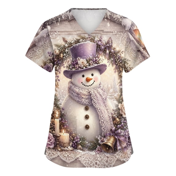 Zorvxlyn Christmas Scrub Tops Women Print Stretchy Nurse Working Uniforms with Pocket Xmas S-5XL Plus Size Snowflake Print Scrub Tops Women