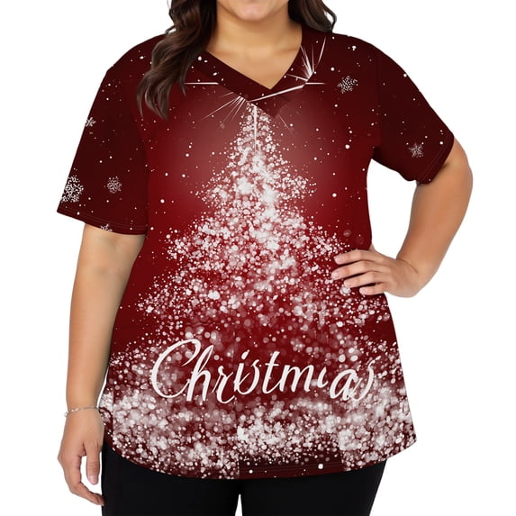 Zorvxlyn Christmas Scrub Tops Women Print Stretchy Women Nurse Uniform with Pocket Xmas S-5XL Plus Size Christmas Tree Graphic Scrub Tops