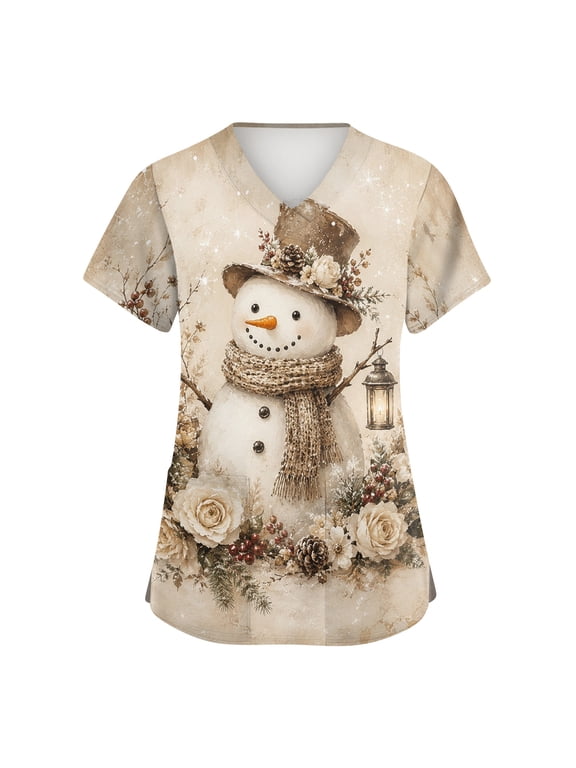 Christmas Scrubs Tops for Women Stretchy Women's Nurse Uniform with Pocket Xmas S-5XL Plus Size Snowman Graphic Scrub Tops Women