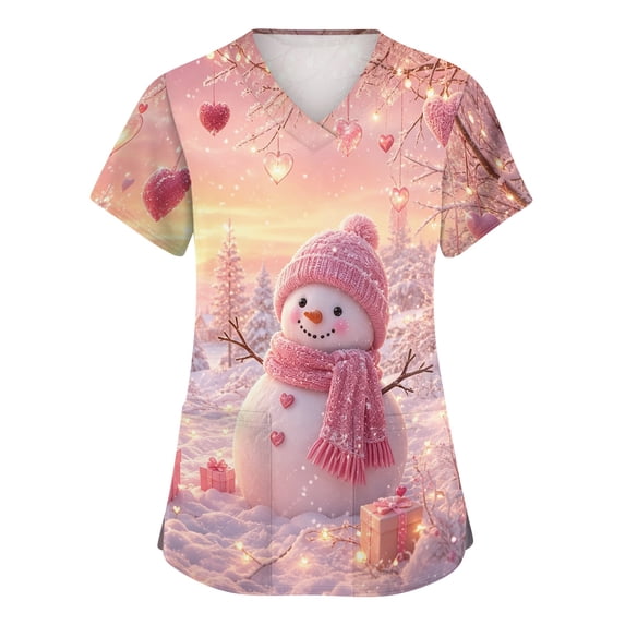 Zorvxlyn Christmas Scrubs Tops for Women Stretchy Women’s Nurse Uniforms with Pocket Xmas S-5XL Plus Size Christmas Santa Snowman Print Scrub Tops