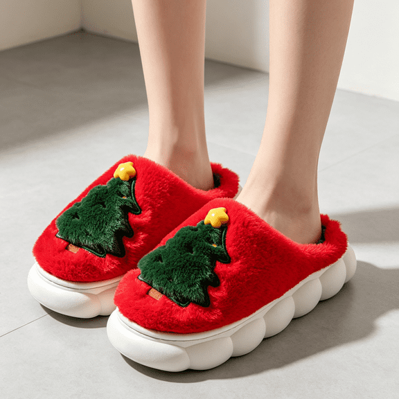 Zorvxlyn Cute Christmas Tree Slippers for Women & Men, Soft Plush Closed Toe Holiday House Slippers, Warm Cozy Fuzzy Slip-On Indoor Footwear with Non-Slip Sole, Festive Family Matching Xmas Gift
