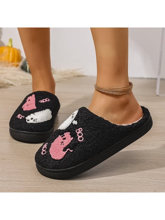 Cute Ghost Slippers for Women, Warm Plush Lined Halloween House Shoes, Soft Fuzzy Slip-On Indoor Bedroom Slippers with Non-Slip Sole, Cozy Novelty Home Footwear
