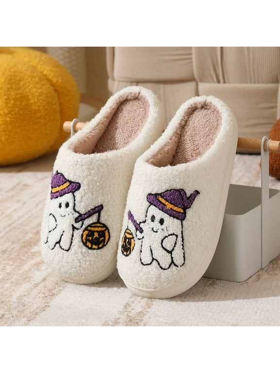 Cute Halloween Ghost Print Slippers for Women, Soft Plush Fleece-Lined Warm Slip-On House Slippers, Cozy Non-Slip Closed Toe Mule Indoor Slippers for Autumn Winter