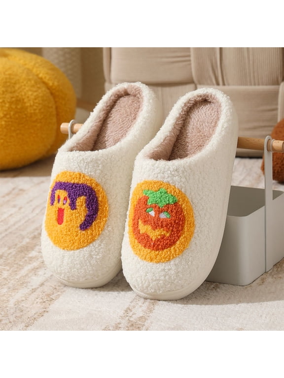 Cute Halloween Ghost Print Slippers for Women, Soft Plush Fleece-Lined Warm Slip-On House Slippers, Cozy Non-Slip Closed Toe Mule Indoor Slippers for Autumn Winter