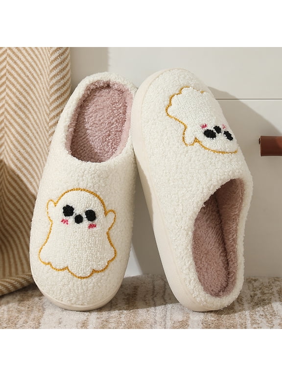 Cute Halloween Ghost Slippers for Women and Men, Soft Plush Comfy Warm Cartoon House Slippers, Cozy Fuzzy Closed Toe Indoor Slip-On Shoes, Non-Slip Winter Bedroom Fluffy Slides