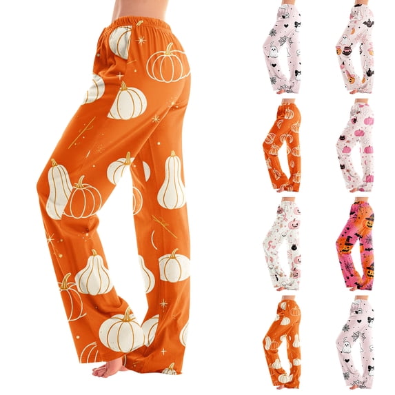 Zorvxlyn Ghost Jack-O Bat Print Pajama Pants Women Wide Leg Women Pj Bottoms Halloween Print Womens Lounge Pants