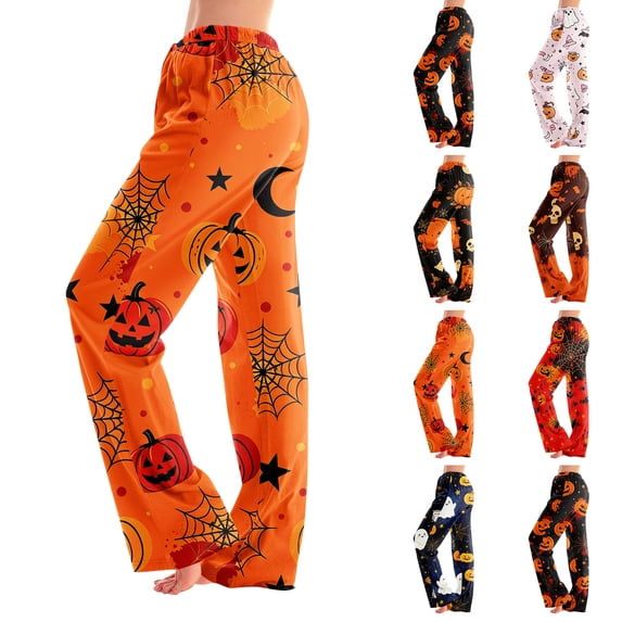 Zorvxlyn Ghost Jack-O Bat Print Womens Pajamas Pants Wide Leg Womens Pajama Bottoms Halloween Print Woman Lounge Pants