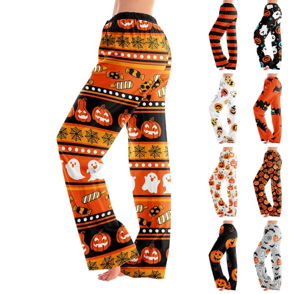 Zorvxlyn Ghost Pumpkin Bat Print Women Pajamas Pants Wide Leg Pajamas Bottoms for Women Halloween Print Comfy Lounge Pants Women