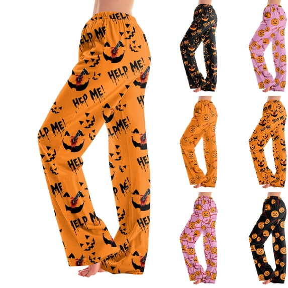 Zorvxlyn Halloween Pj Bottoms Pants Ghost Pumpkin Spider Web Graphic Women's Pj Bottoms Drawstring Elastic Waist Women's Lounge Pants