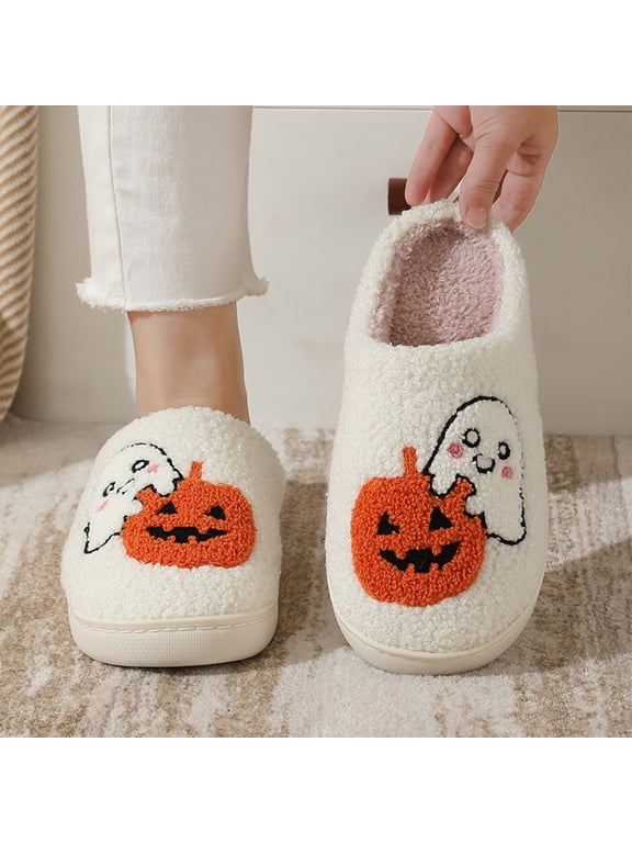Halloween Slippers for Women Men, Cute Pumpkin Ghost Embroidery Warm Plush House Shoes, Soft Cozy Fuzzy Slip-On Indoor Slides with Non-Slip Sole, Comfy Winter Home Footwear