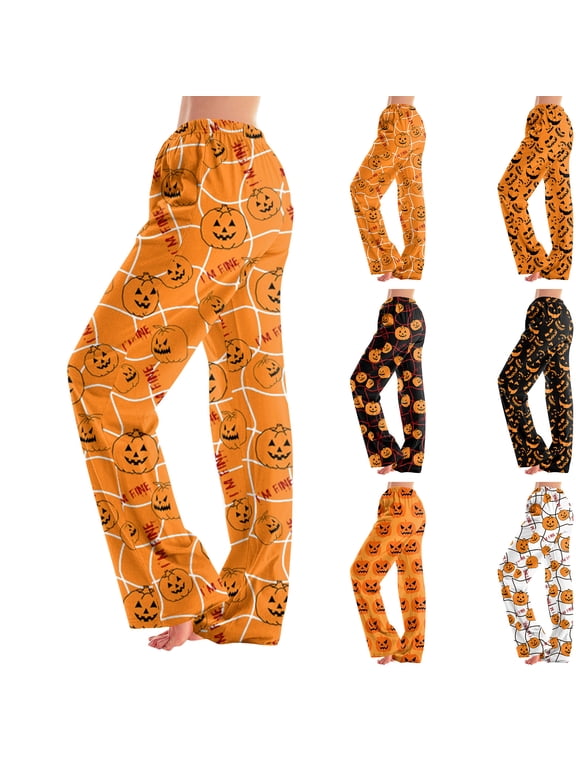 Halloween Womens Pajama Pants Ghost Pumpkin Spider Web Graphic Pajama Bottoms Women Drawstring Elastic Waist Lightweight Lounge Pants Women