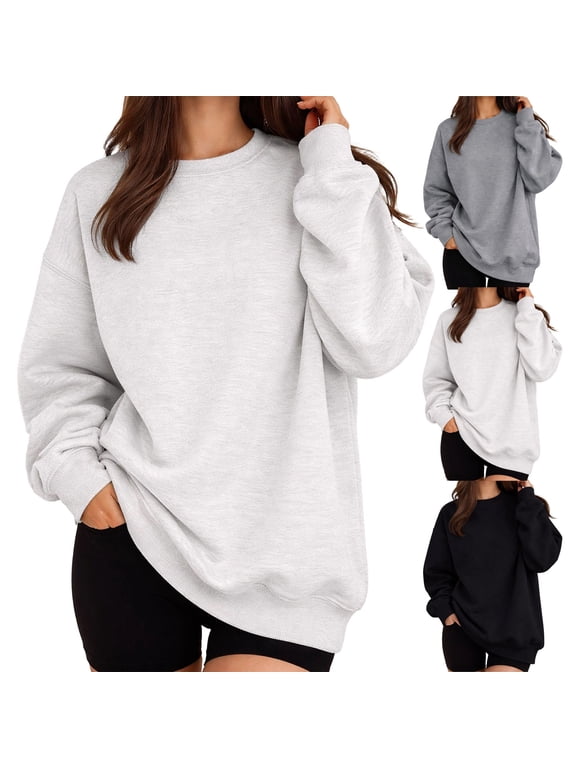 Ladies Sweatshirts Drop Shoulder Long Sleeve Women Crewneck Sweatshirt Fall Winter Solid Color Womens Oversized Pullover Light Gray XL