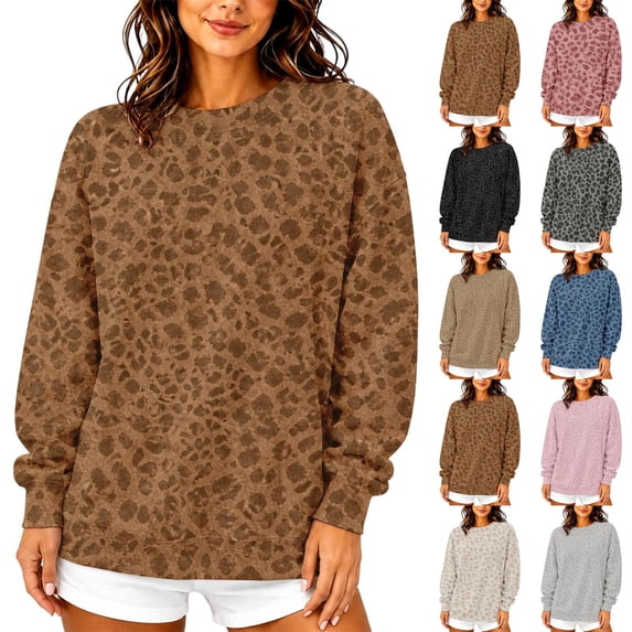 Zorvxlyn Leopard Crewneck Sweatshirts Women Long Sleeve Pullover Tops Fall Winter Drop Shoulder Y2k Vintage Trendy Pullover Sweaters for Women