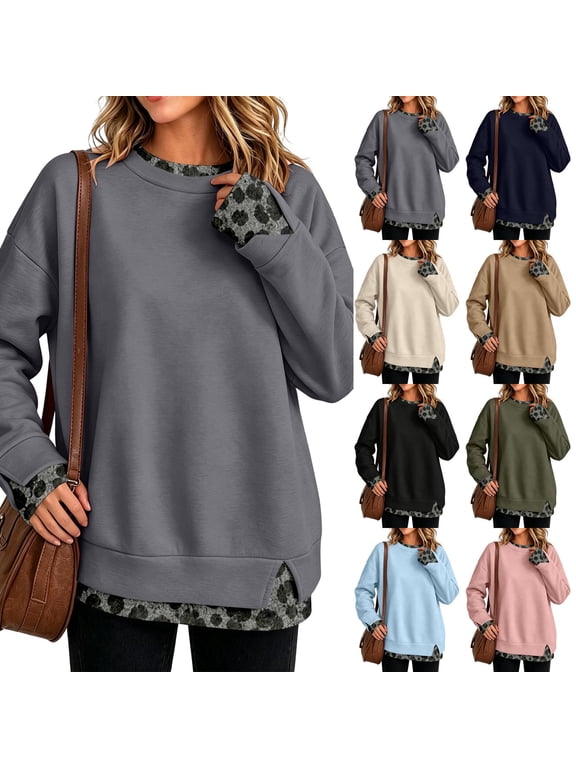 Leopard Print Fake Two Piece Crewneck Sweatshirt Women 2 in 1 Layered Long Sleeve Womens Oversized Sweatshirt Drop Shoulder Y2k Vintage Trendy Pull Over Womens Sweaters