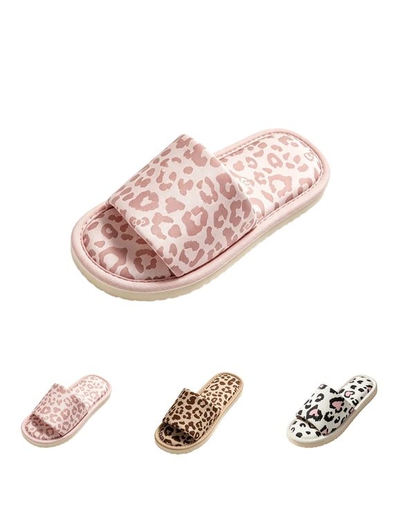 Leopard Print Satin Slide Slippers for Women, Open Toe TPR Sole Flat Indoor Sandals, Soft Comfy Non-Slip House Shoes for Adults