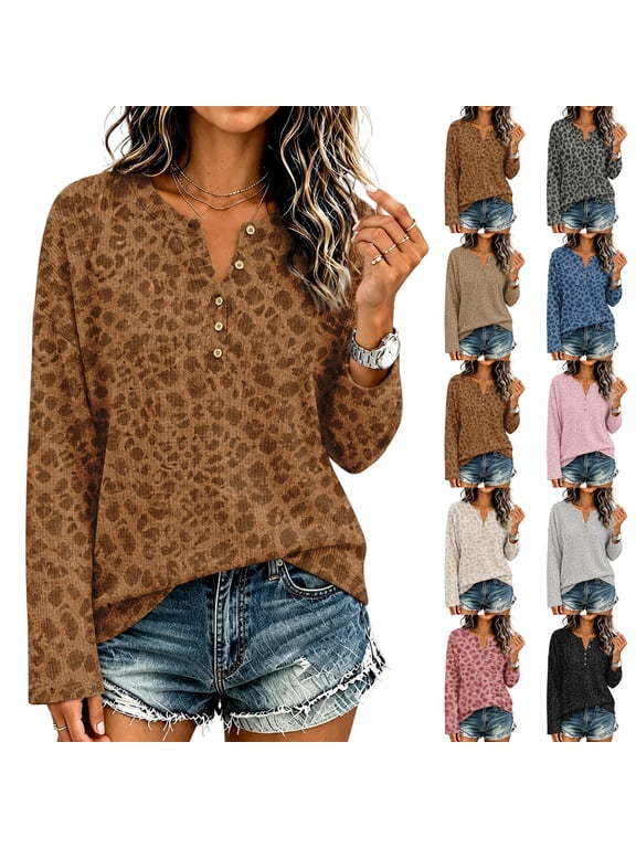Leopard Print Womens Henley Shirts Long Sleeve Button V Neck Womens Shirts Fall Winter Vintage Tunic Shirts for Women