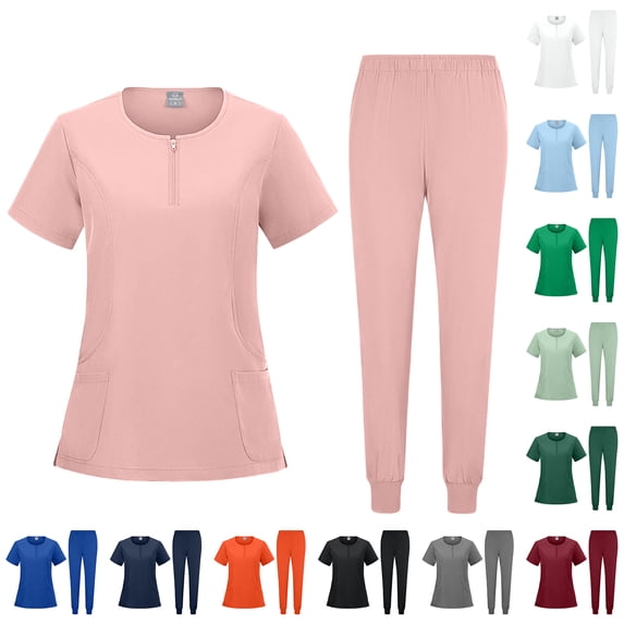 Zorvxlyn Medical Scrubs Set for Women 2 Piece V-Neck Top & Straight Leg Pants Solid Color Medical Nursing Uniform Set with Pocket Gray M