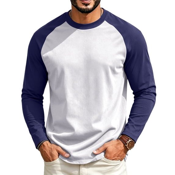 Zorvxlyn S-4XL Raglan Long Sleeve Shirts for Men Color Block Crew Neck Mens Graphic T-Shirts Big and Tall Athletic Fit T-Shirt Men White XXL