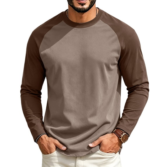 Zorvxlyn S-4XL Raglan Mens Long Sleeve Shirt Color Block Crew Neck Fishing Shirts for Men Big and Tall Mens Athletic Shirts Light Brown XL