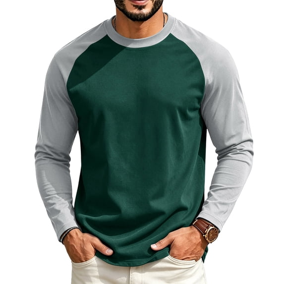 Zorvxlyn S-4XL Raglan Mens Long Sleeve Tee Shirts Color Block Crew Neck Shirts for Men Big and Tall Men's Athletic Shirts & Tees Dark Green M