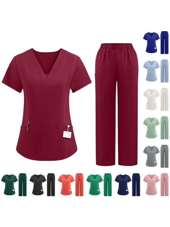 Scrubs Sets for Women 2 Piece Nurse Uniform Jogger Suit Stretch Top & Pants Solid Color Nurses Working Uniforms with Pocket Black M