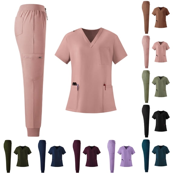 Zorvxlyn Scrubs Sets for Women 2 Piece Stretch Scrub Top & Jogger Pants Solid Color Nurse Uniform with Pocket Light Purple XL