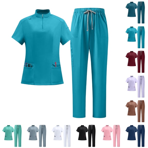 Zorvxlyn Scrubs for Women Set 2 Piece Stretch V-Neck Scrub Top & Jogger Pant Solid Color Stretch Nursing Uniform Scrub Suit with Pocket Gray M