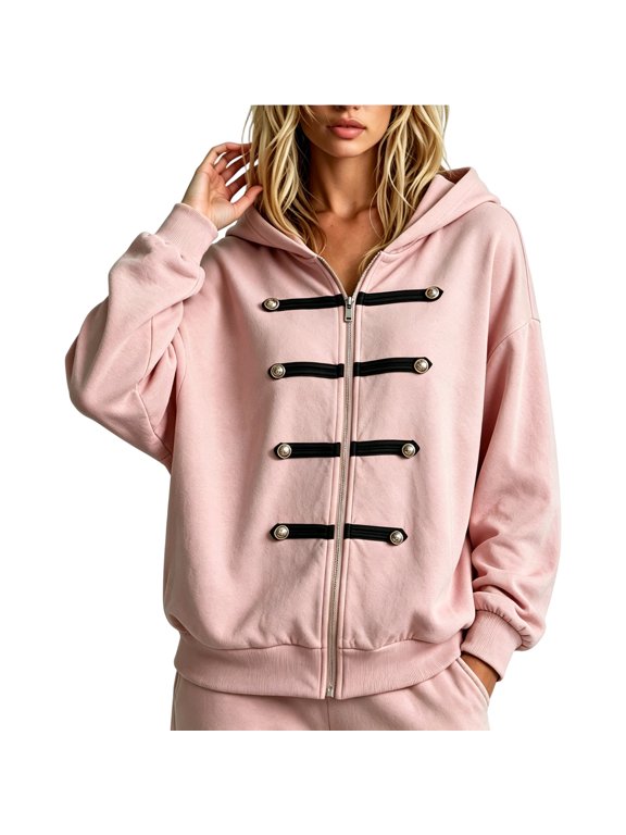 Unisex Chinese Style Frog Button Hoodie Jacket Full Zip Hooded Oversized Outerwear Casual Long Sleeve Street Coat for Men Women Fall Winter Pink L