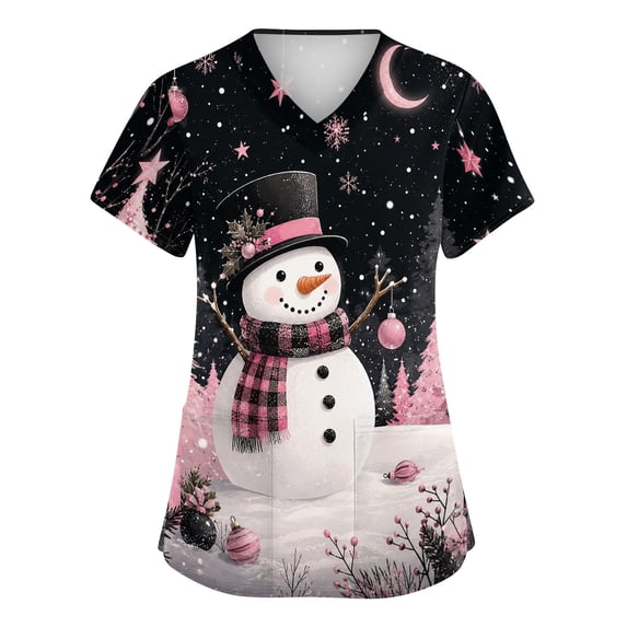 Zorvxlyn Women's Christmas Scrub Tops Stretchy Snowflake Snowman Nurse Working Uniforms S-5xl Plus Size Xmas Scrubs for Women Workwear with Pocket