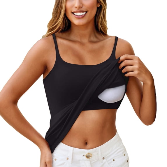 Zorvxlyn Womens Tank Tops With Built in Bra Adjustable Spaghetti Strap Wireless Cami Tank Undershirts Basic Layering Sleeveless Summer Tops Black S