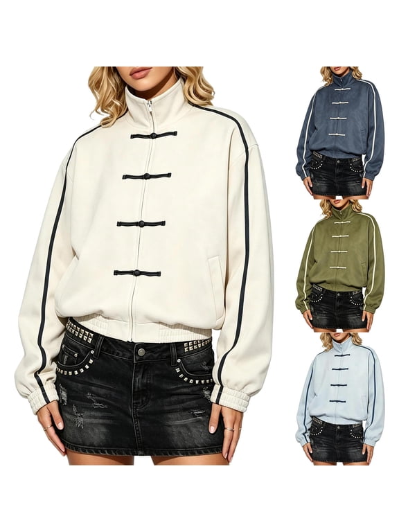 Womens Zip Up Chinese Frog Button Coat Oversized Outerwear Striped Side Chinese Style Casual Streetwear Jacket Unisex for Men Women Fall Winter Blue XL