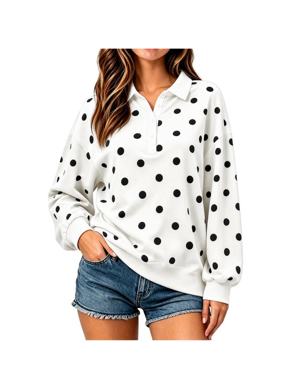 Women's Dotted Pattern Long Sleeve Collared Polo Shirt Casual Daily Wear Top