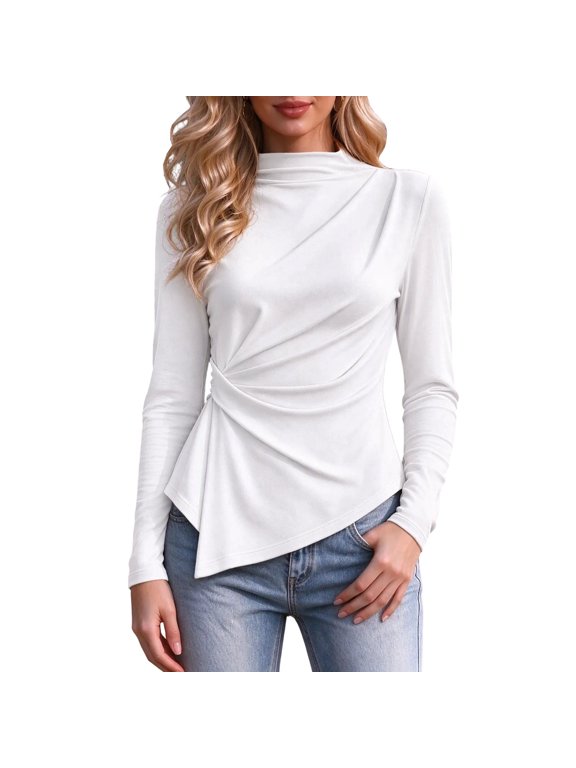 Women's Mock Neck Long Sleeve Top Pleated Shoulder Ruched Waist Slim Peplum Hem Business Casual Top