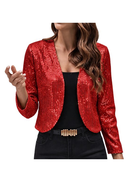 Women's Sequin Cropped Cardigan Open Front Long Sleeve Sparkly Glitter Jacket Party Evening Club Outerwear