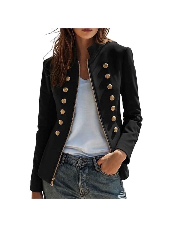 Women's Solid Color Stand Collar Full Zip Long Sleeve Napoleon Military Jacket Lined Outerwear With Pockets