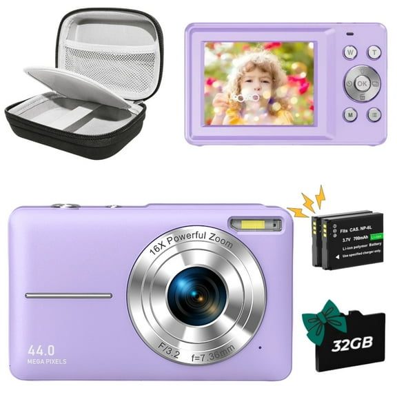 Zostuic 44MP Digital Camera 1080P, 32GB SD Card, Rechargeable, Kids & Teens(Purple)