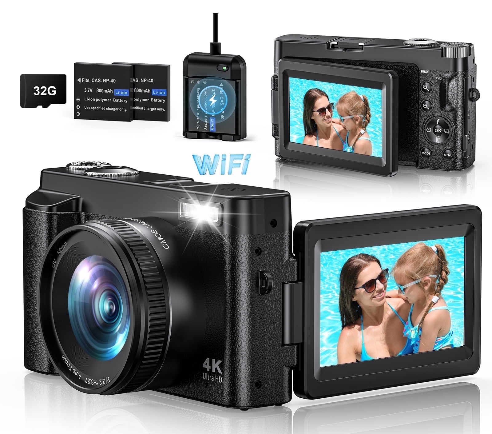 Zostuic 4K 48MP Vlogging Camera with 3" Flip Screen, 16X Zoom, WiFi - Includes 32GB SD Card & 2 Batteries - Compact for YouTube/Travel (Black)