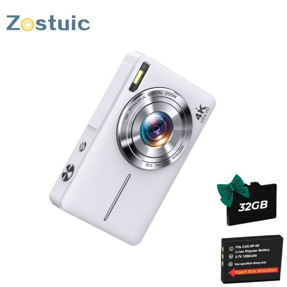 Zostuic 4K Digital Camera with 64MP Photo Resolution, Dual Lens, 2.8" Display,16X Zoom,Webcam Function,90-Min Video Recording,Perfect for Beginners & Travel,White