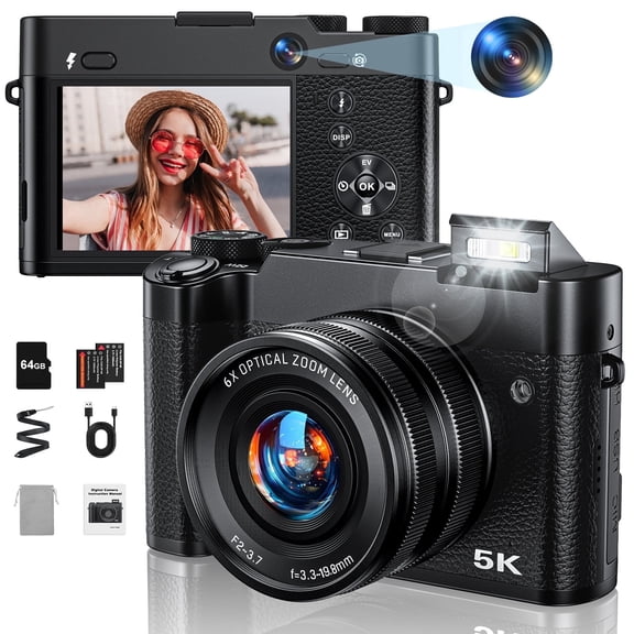 Zostuic 5K Digital Camera, 64MP Vlogging Camera for YouTube with 6X Optical Zoom, Autofocus & Anti-Shake, Dual-Lens, 64GB Card & Flash, 2 Batteries