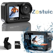Zostuic 64MP WiFi Action Camera 4K60FPS, 8X Zoom Underwater 65FT, No Case Needed, Touch Rear Screen & 64GB Card   for Diving & Sports
