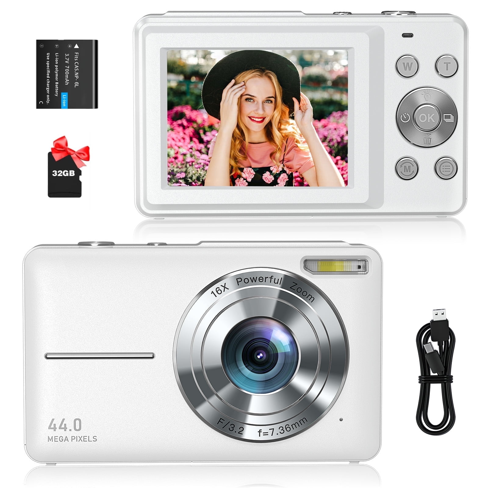 Zostuic 4K 48MP Digital Camera with Autofocus - 16X Zoom, Anti-Shake, Vlogging for Photography, Includes 32GB SD Card (White)