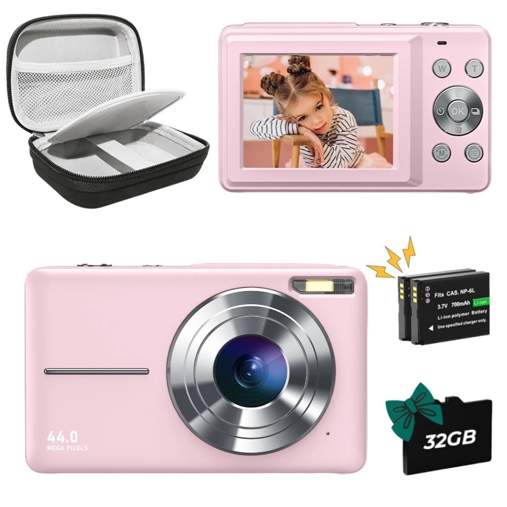 Zostuic Digital Camera with Case, 44MP FHD 1080P, 32GB Card & 2 Batteries, Compact for Boys Girls Beginners，pink