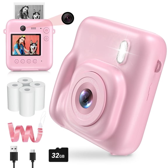 Zostuic Kids Instant Print Camera 30MP Digital Video Camera for Toddler Age 3-12 Years Old Selfie Camera Toy  with 32GB Memory Card and 4 Rolls of Printing Paper Pink