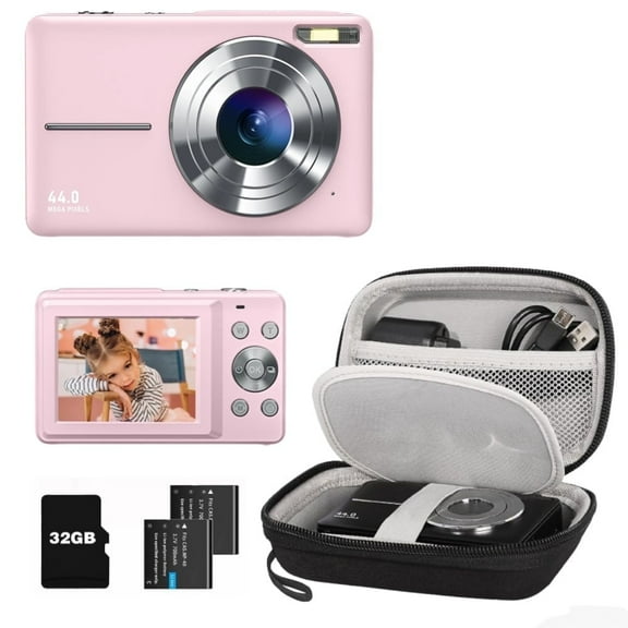 Zostuic Pink Digital Camera with Case,44MP FHD 1080P,32GB Card & 2 Batteries, Compact Point and Shoot for Beginners