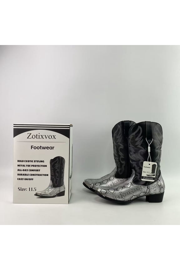 Footwear,Men's Western Cowboy Boots - Embroidered Faux Snakeskin Square Toe Mid-Calf Boots for Casual and Riding - Size11.5