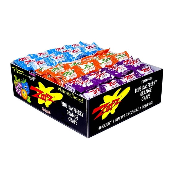 Zotz Blue Raspberry Orange Grape Fizz Power Candy, 0.7 Ounce - 48 per pack - 12 packs per case.